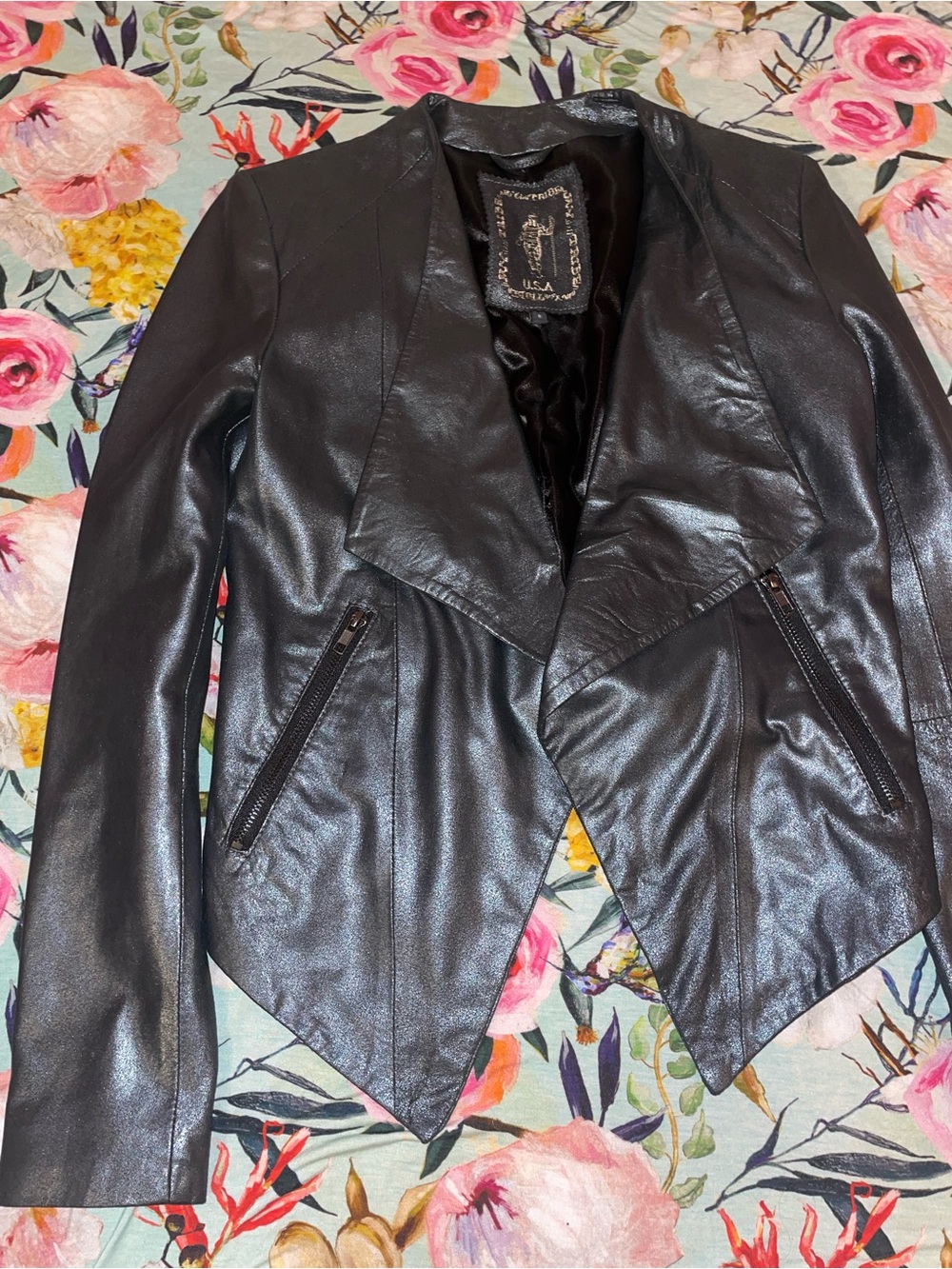My Tribe Black Faux Leather Draped Moto Jacket